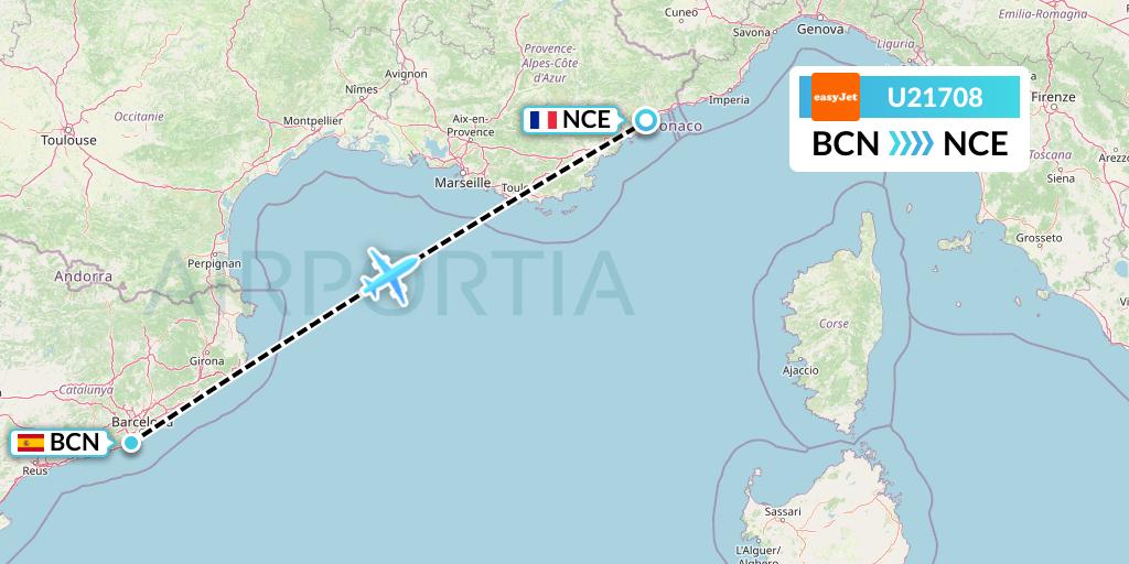 U21708 EasyJet Flight Map: Barcelona to Nice