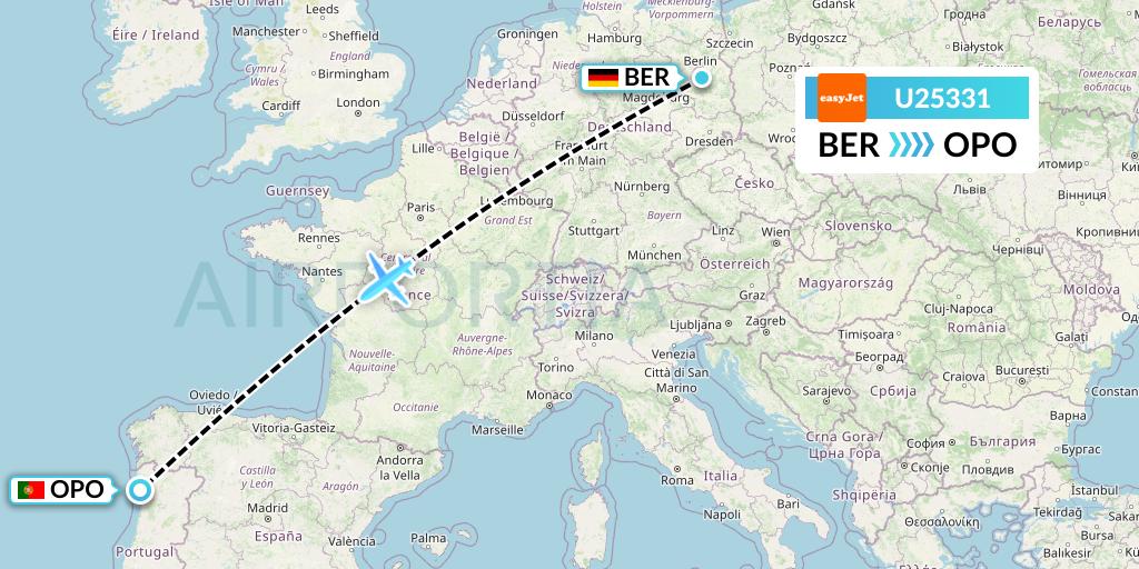 U25331 EasyJet Flight Map: Berlin to Porto
