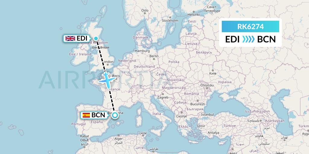 RK6274 Ryanair UK Flight Map: Edinburgh to Barcelona