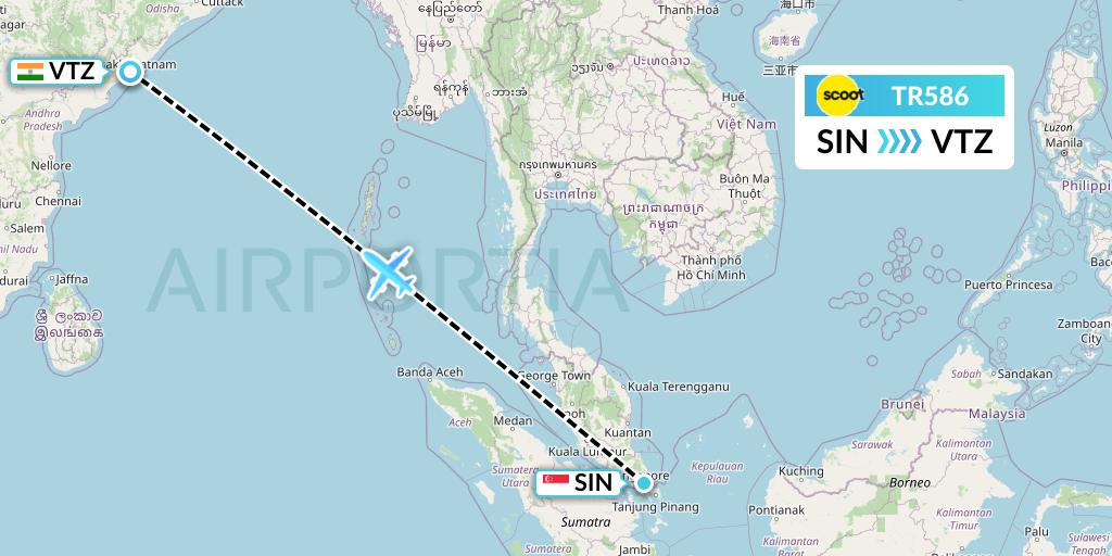 TR586 Tigerair Flight Map: Singapore to Visakhapatnam