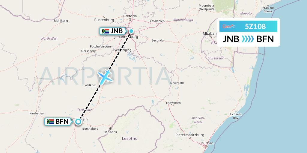 5Z108 CemAir Flight Map: Johannesburg to Bloemfontein