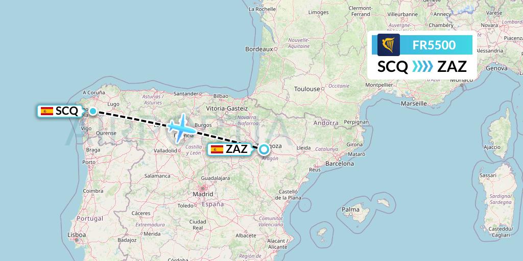 FR5500 Ryanair Flight Map: Santiago to Zaragoza