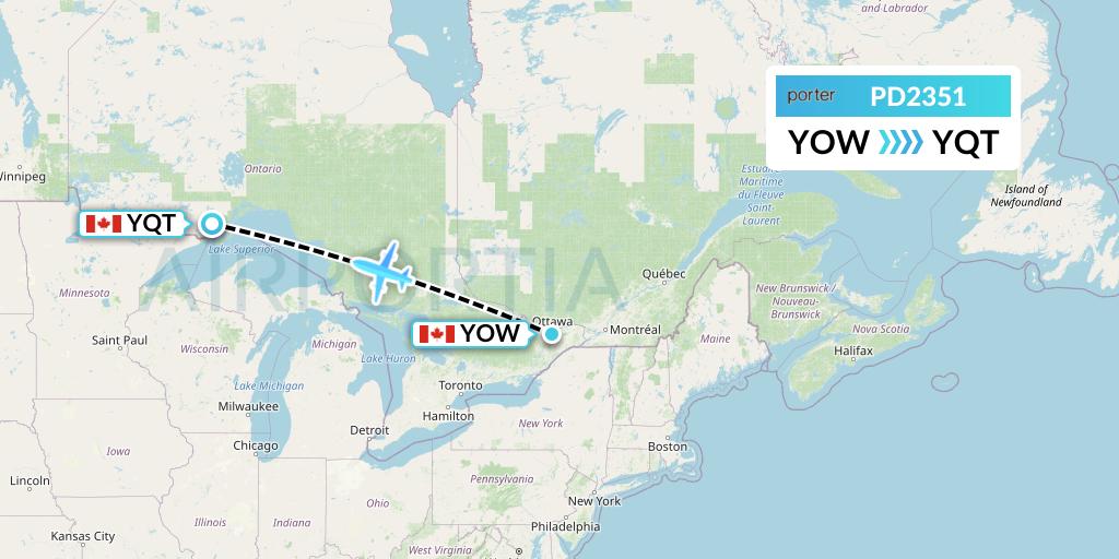 PD2351 Porter Airlines Flight Map: Ottawa to Thunder Bay