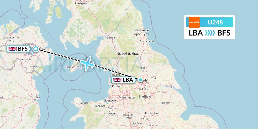 U248 EasyJet Flight Map: Leeds to Belfast