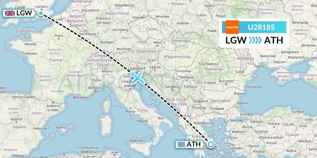 U28185 EasyJet Flight Map: London to Athens