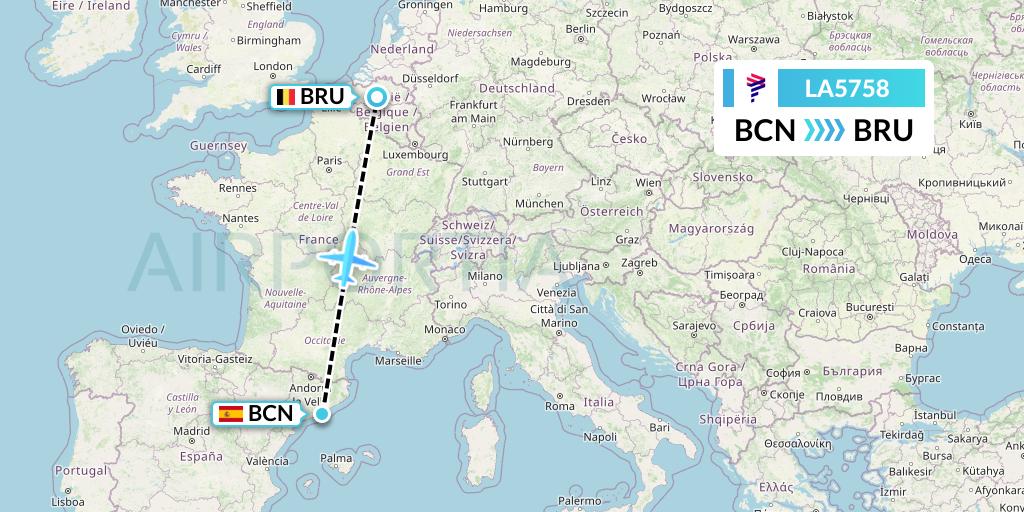 LA5758 LAN Airlines Flight Map: Barcelona to Brussels