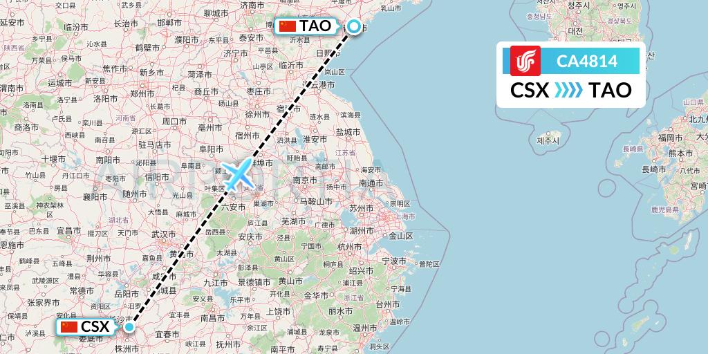 CA4814 Air China Flight Map: Changsha to Qingdao