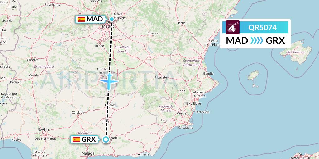 QR5074 Qatar Airways Flight Map: Madrid to Granada