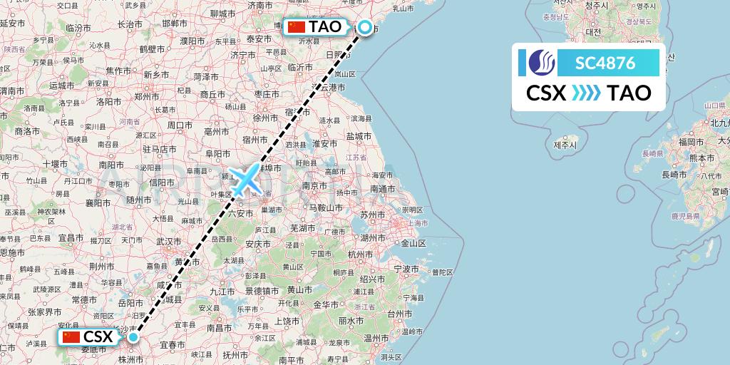 SC4876 Shandong Airlines Flight Map: Changsha to Qingdao