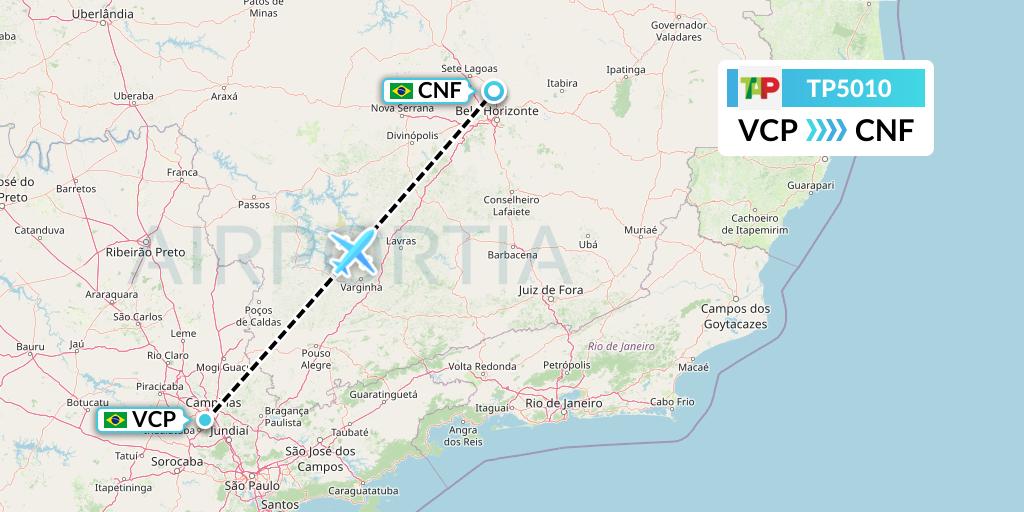 TP5010 TAP Portugal Flight Map: Campinas to Belo Horizonte