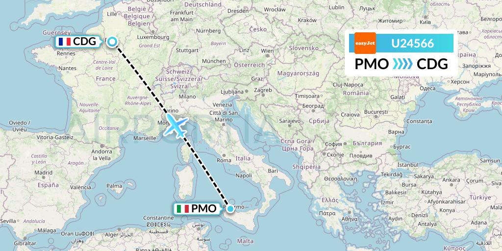 U24566 EasyJet Flight Map: Palermo to Paris