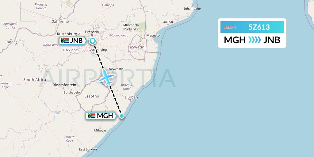 5Z613 CemAir Flight Map: Margate to Johannesburg