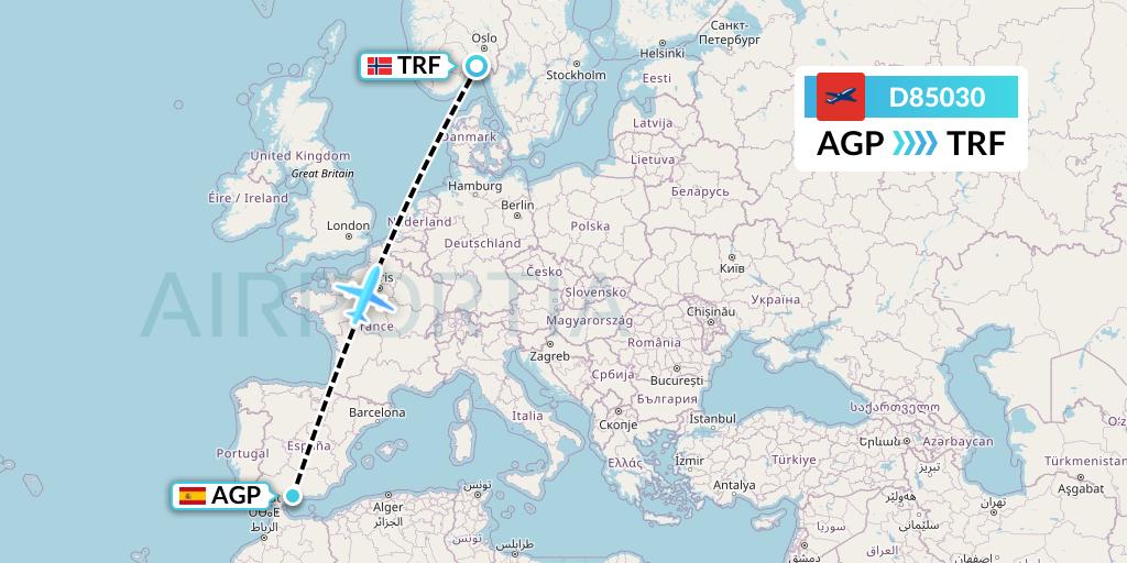 D85030 Norwegian Air International Flight Map: Malaga to Oslo