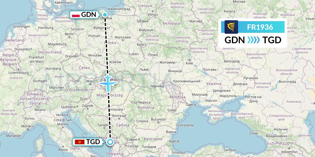 FR1936 Ryanair Flight Map: Gdansk to Podgorica