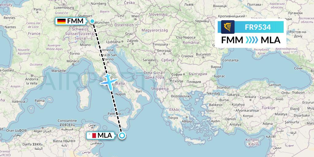 FR9534 Ryanair Flight Map: Memmingen to Malta