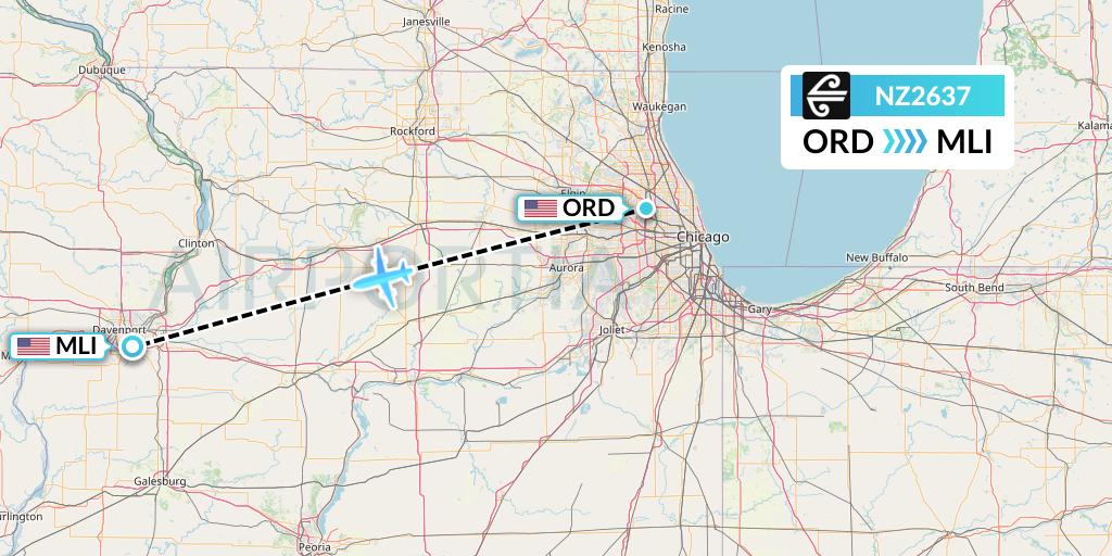 NZ2637 Air New Zealand Flight Map: Chicago to Moline