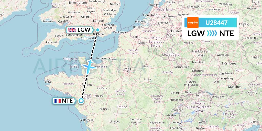 U28447 EasyJet Flight Map: London to Nantes