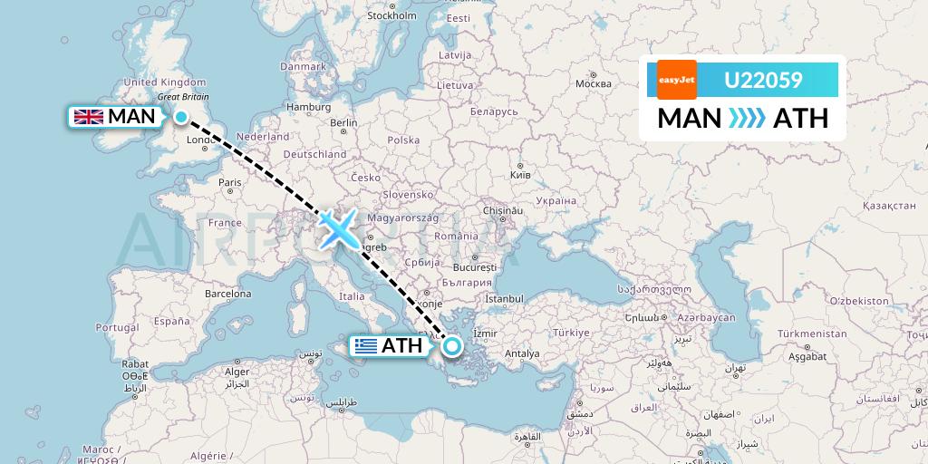 U22059 EasyJet Flight Map: Manchester to Athens