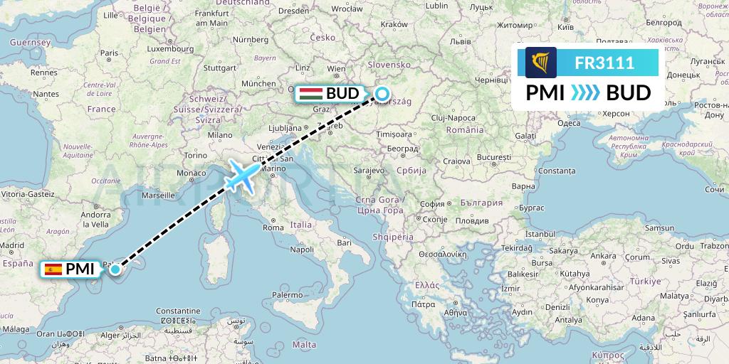 FR3111 Ryanair Flight Map: Palma de Mallorca to Budapest