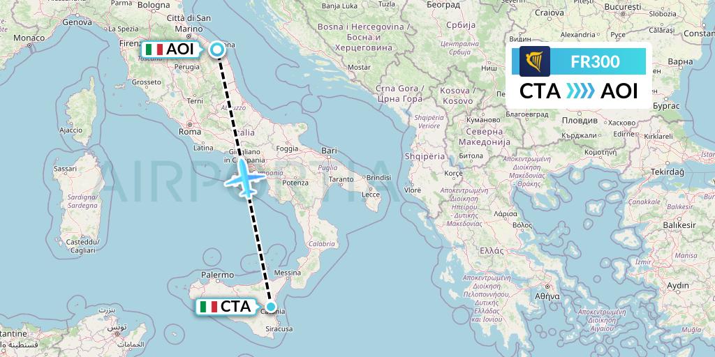 FR300 Ryanair Flight Map: Catania to Ancona