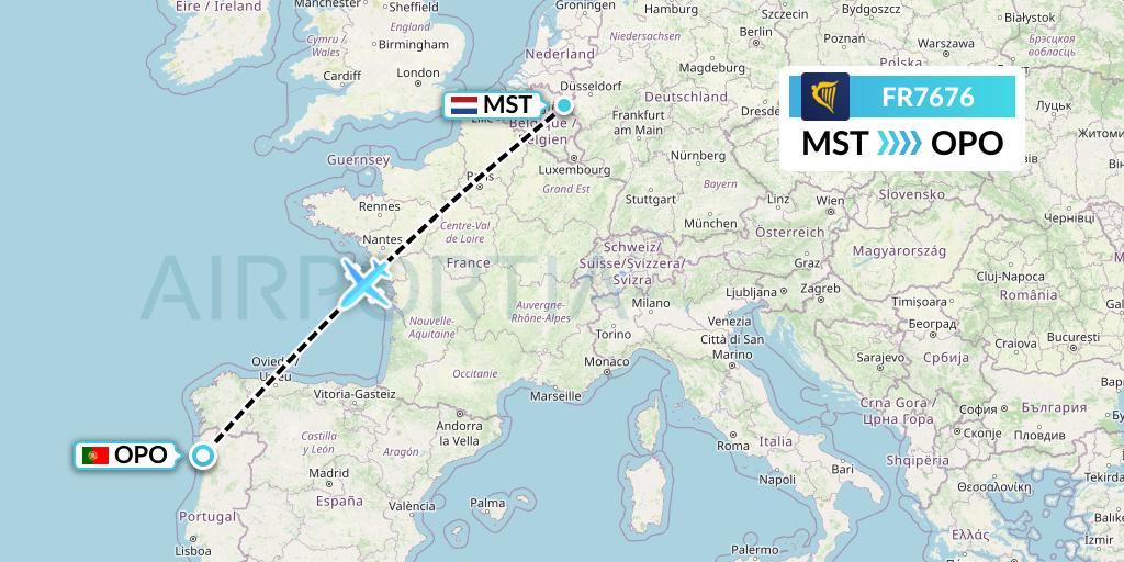 FR7676 Ryanair Flight Map: Maastricht to Porto