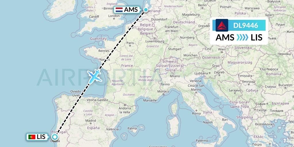 DL9446 Delta Air Lines Flight Map: Amsterdam to Lisbon