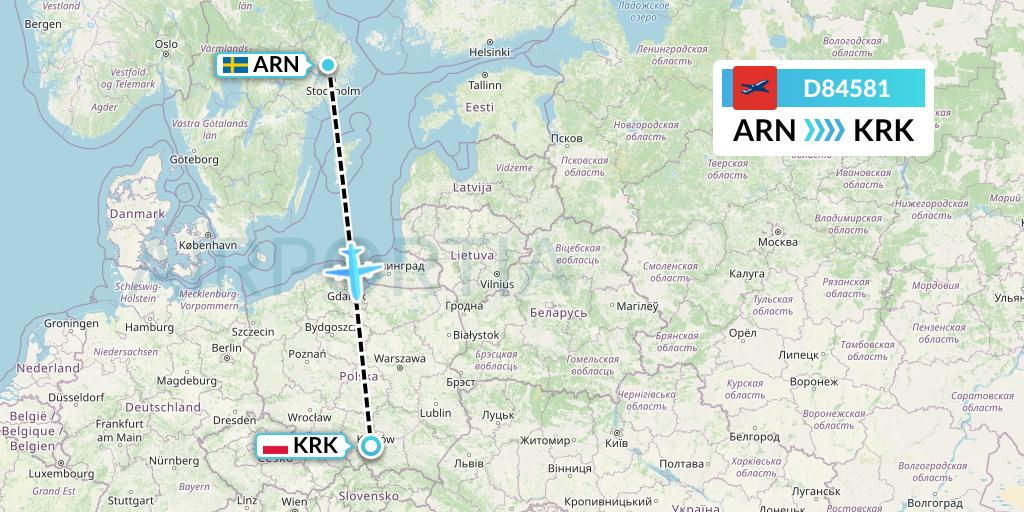 D84581 Norwegian Air International Flight Map: Stockholm to Krakow