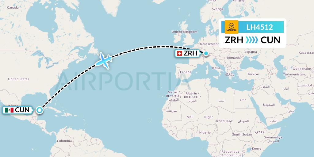 LH4512 Lufthansa Flight Map: Zurich to Cancun