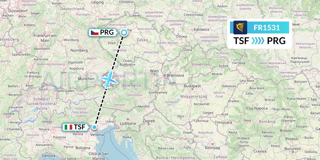 FR1531 Ryanair Flight Map: Treviso to Prague