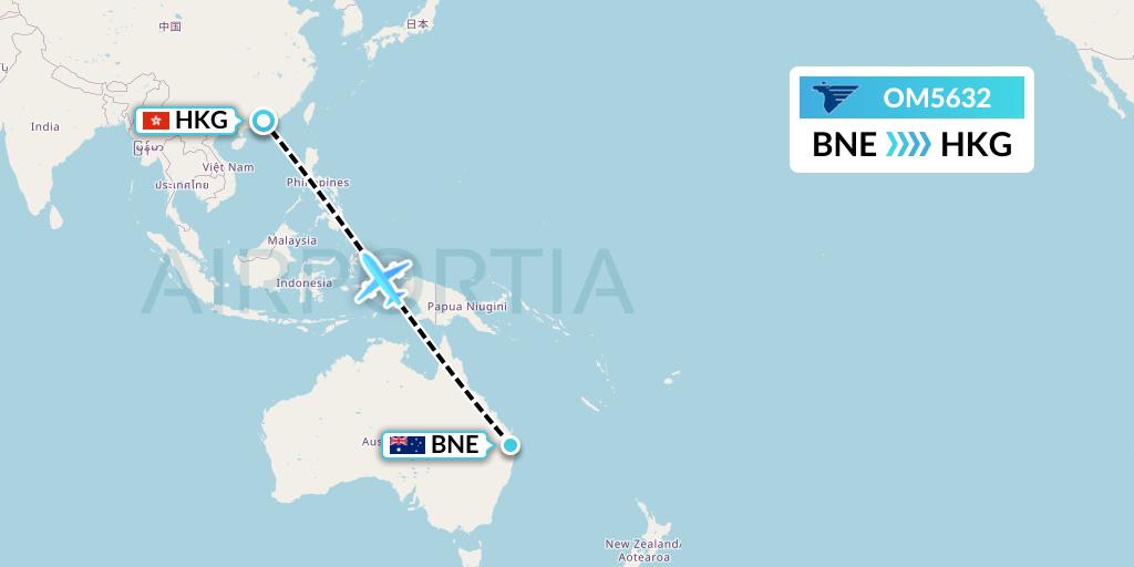 OM5632 MIAT Mongolian Airlines Flight Map: Brisbane to Hong Kong