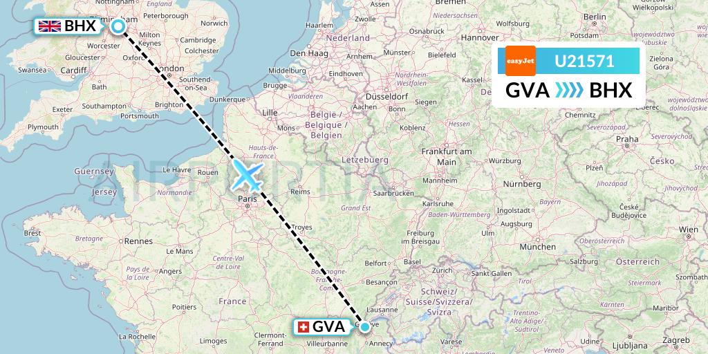 U21571 EasyJet Flight Map: Geneva to Birmingham