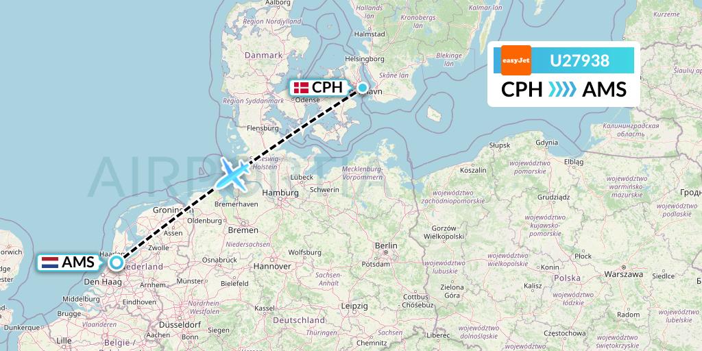 U27938 EasyJet Flight Map: Copenhagen to Amsterdam