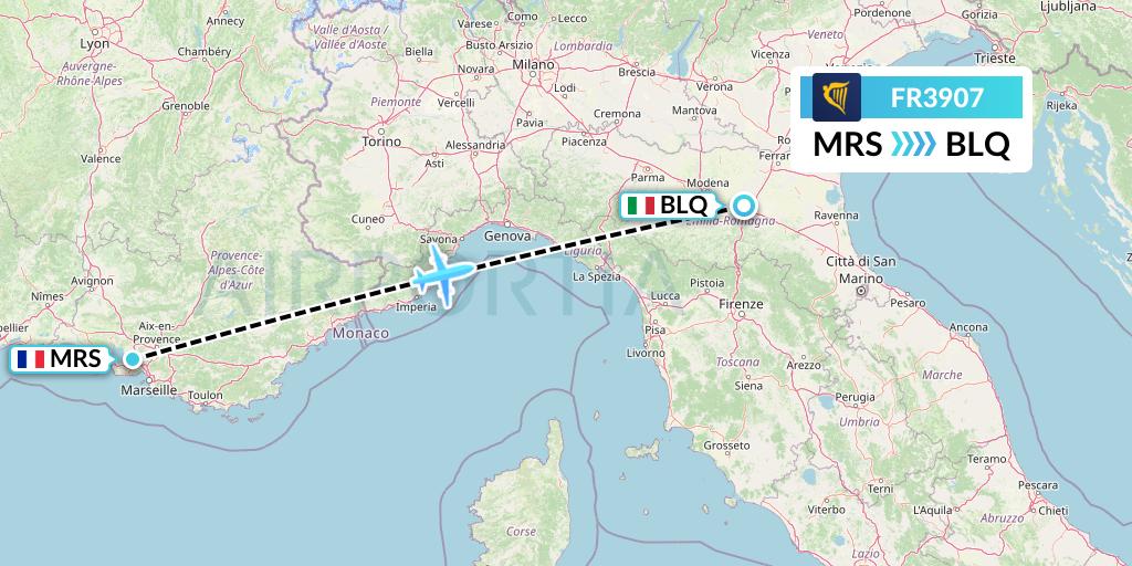 FR3907 Ryanair Flight Map: Marseille to Bologna