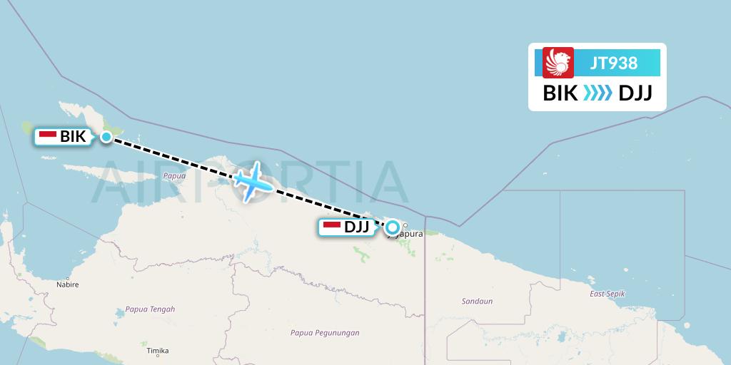 JT938 Lion Airlines Flight Map: Biak to Jayapura