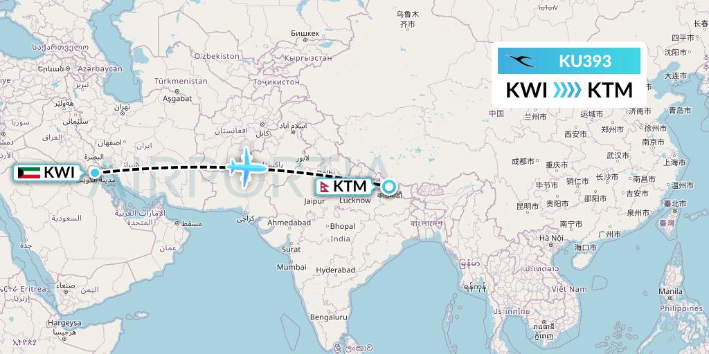 KU393 Kuwait Airways Flight Map: Kuwait City to Kathmandu