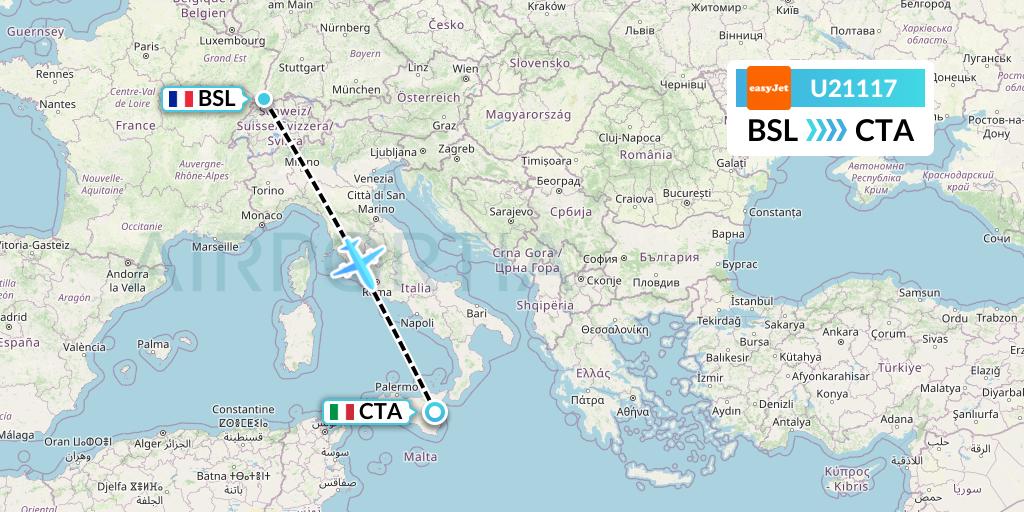U21117 EasyJet Flight Map: Basel to Catania