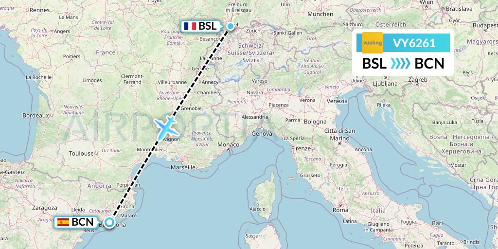 VY6261 Vueling Flight Map: Basel to Barcelona
