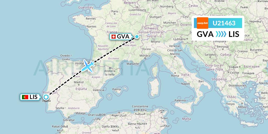 U21463 EasyJet Flight Map: Geneva to Lisbon