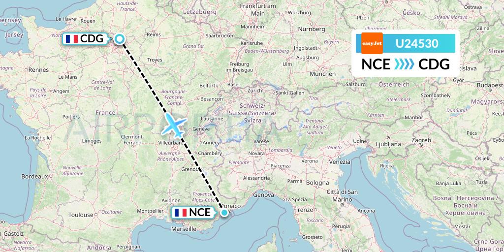 U24530 EasyJet Flight Map: Nice to Paris
