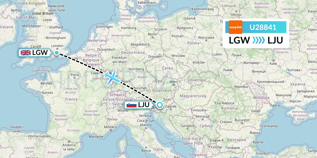 U28841 EasyJet Flight Map: London to Ljubljana