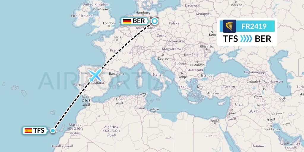 FR2419 Ryanair Flight Map: Tenerife to Berlin