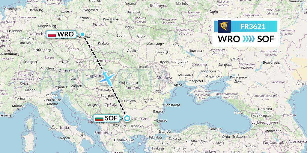 FR3621 Ryanair Flight Map: Wroclaw to Sofia