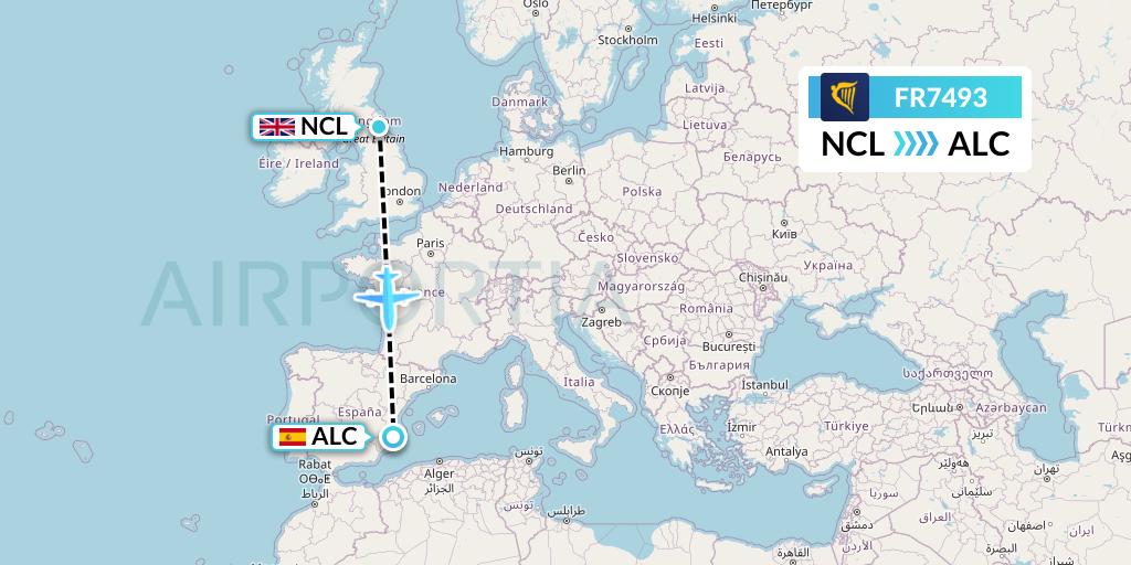 FR7493 Ryanair Flight Map: Newcastle to Alicante