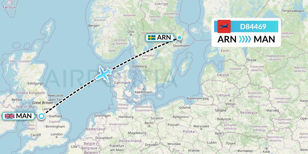 D84469 Norwegian Air International Flight Map: Stockholm to Manchester