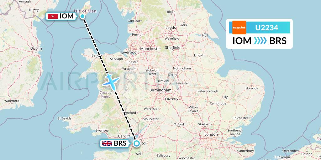 U2234 EasyJet Flight Map: Isle of Man to Bristol