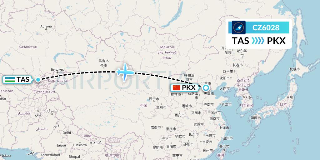 CZ6028 China Southern Airlines Flight Map: Tashkent to Beijing