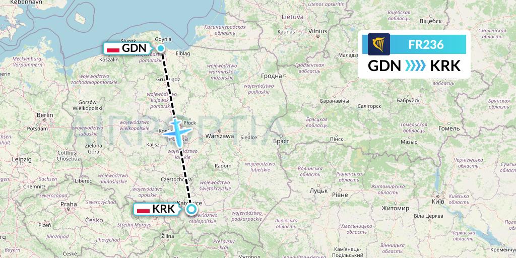 FR236 Ryanair Flight Map: Gdansk to Krakow