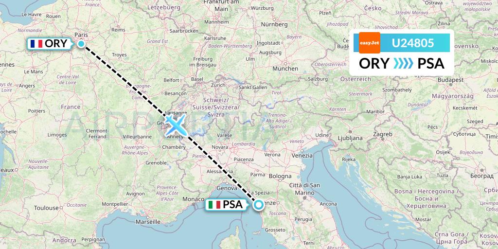 U24805 EasyJet Flight Map: Paris to Pisa