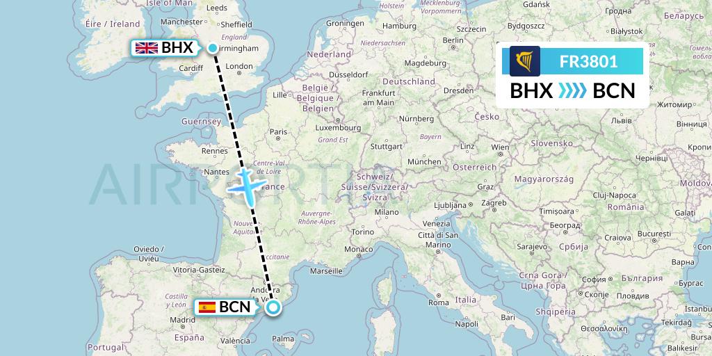 FR3801 Ryanair Flight Map: Birmingham to Barcelona