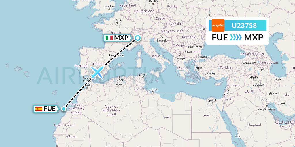 U23758 EasyJet Flight Map: Fuerteventura to Milan